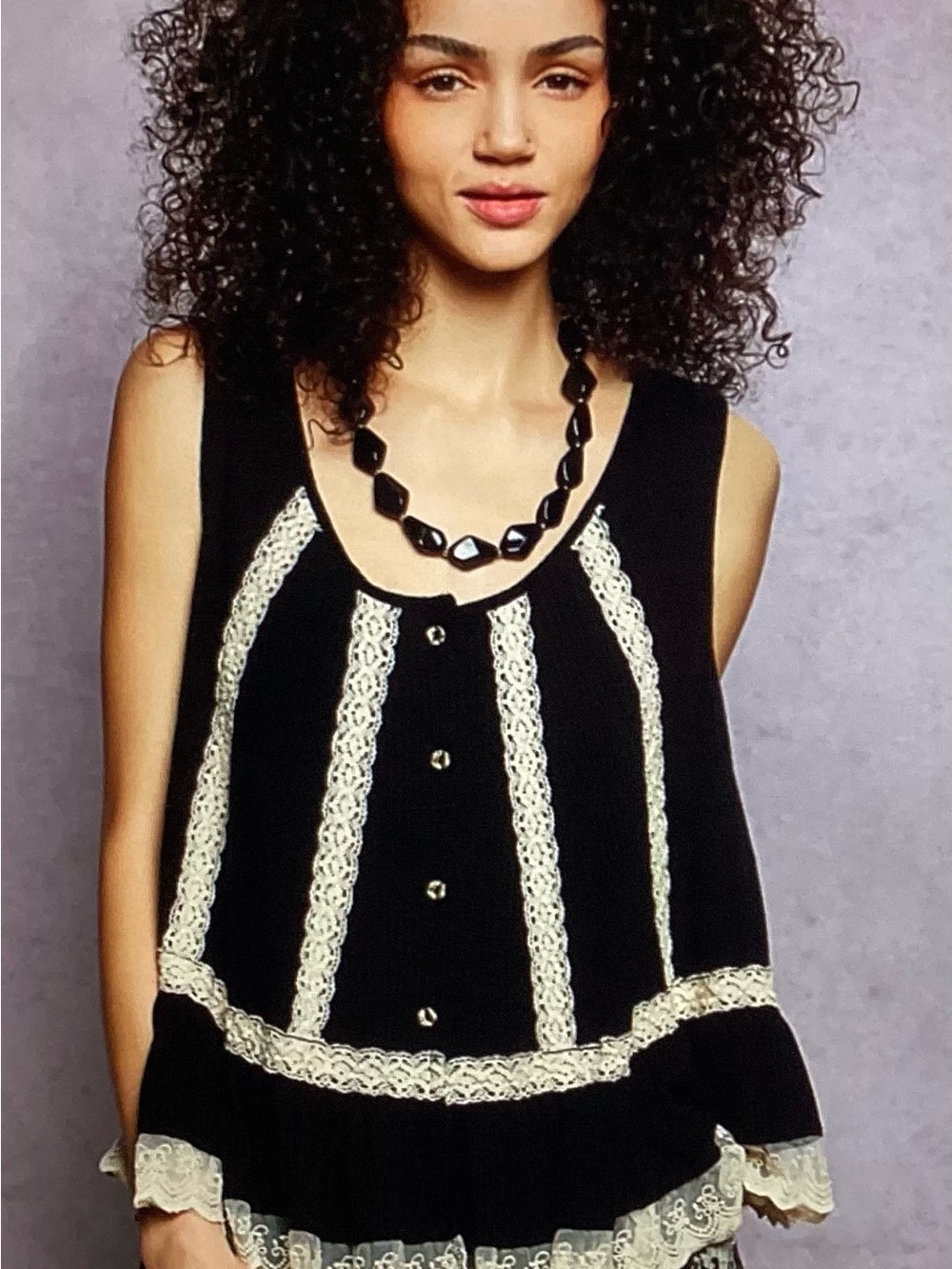 POL Black Lace-Trim Ribbed Sleeveless Top